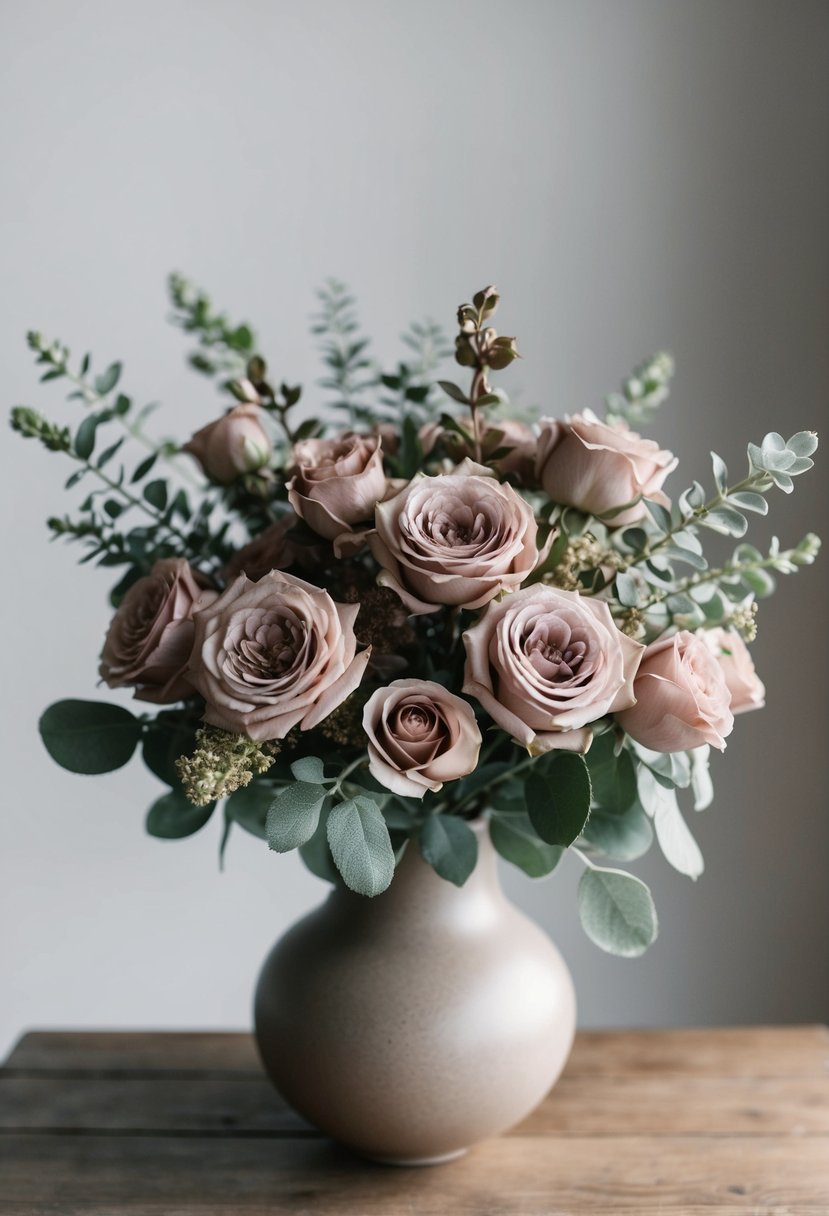 A bouquet of dusty rose and sage-colored flowers arranged in a neutral-toned vase