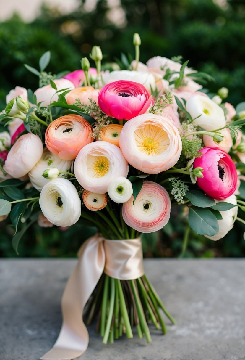 A lush bouquet of ranunculus in shades of pink, peach, and white, accented with delicate greenery and tied with a satin ribbon