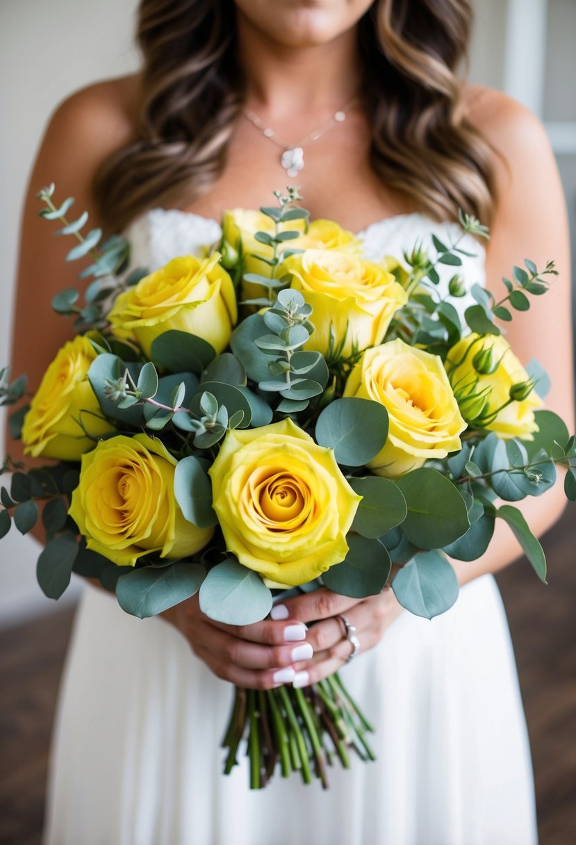 A vibrant wedding bouquet featuring eucalyptus-accented yellow roses