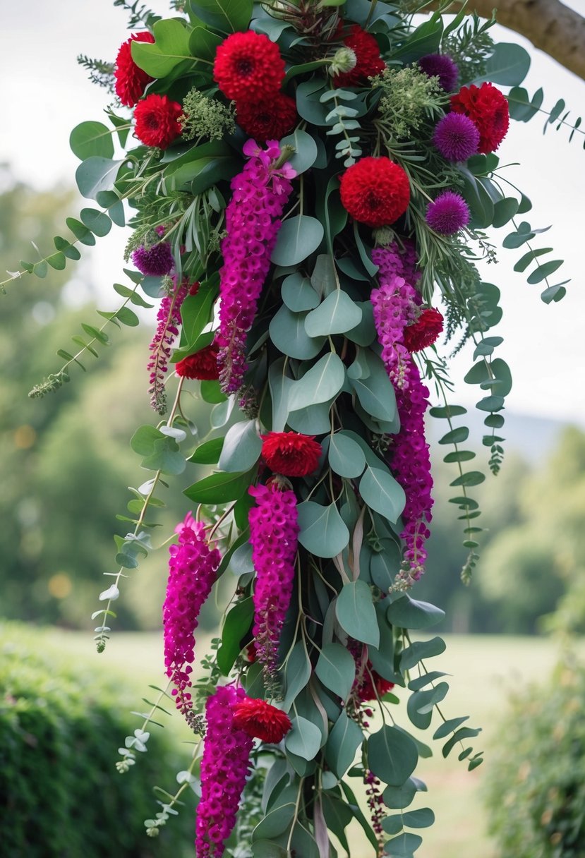 A cascading bouquet of eucalyptus and amaranth, with lush greenery and vibrant red and purple flowers flowing down in a graceful arrangement