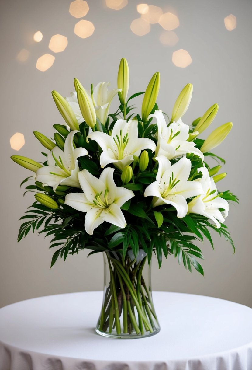 A bouquet of white lilies with green foliage, arranged in a simple and elegant manner