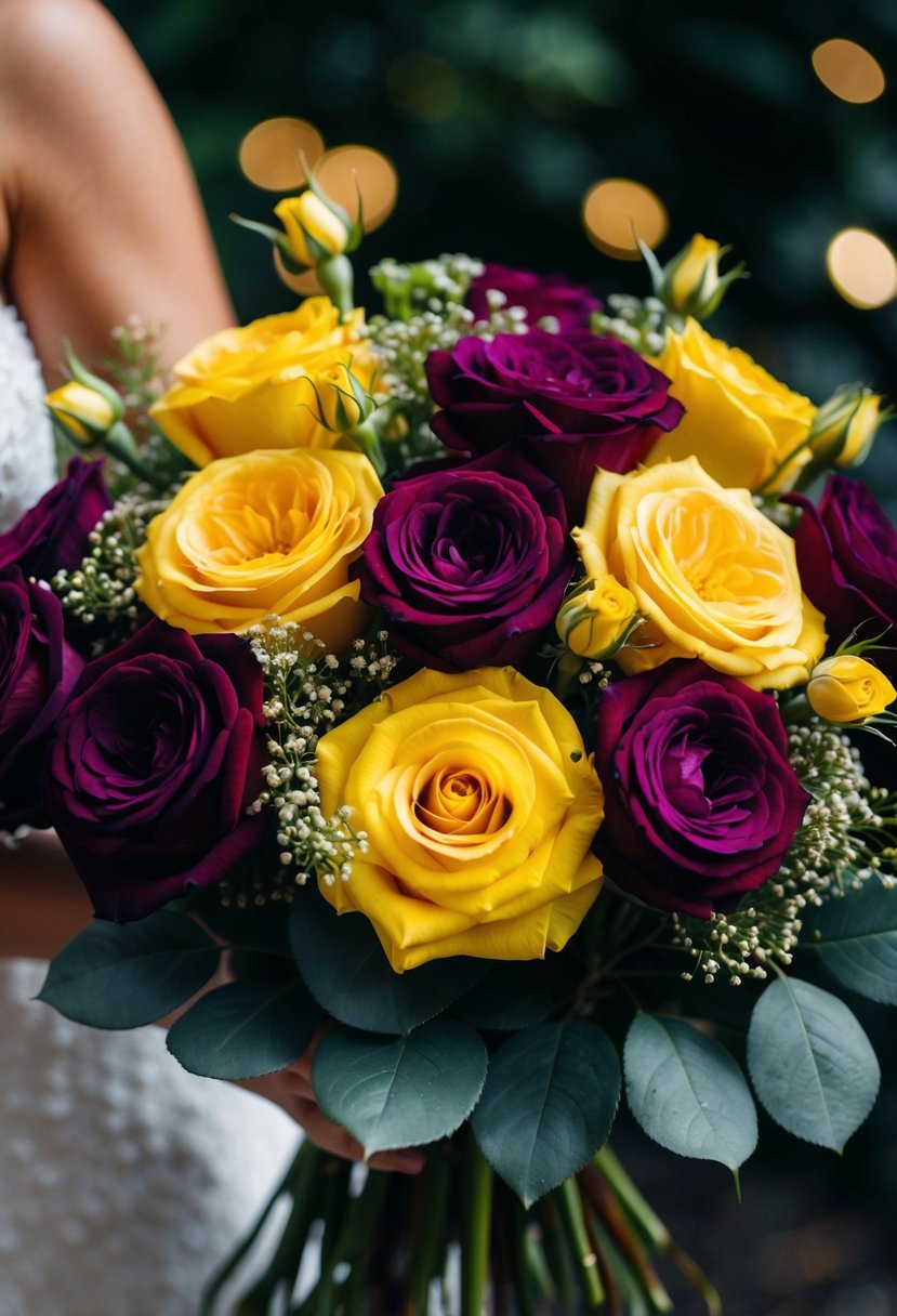 A dramatic bouquet of yellow and aubergine roses, blending together in a stunning display of wedding floral inspiration