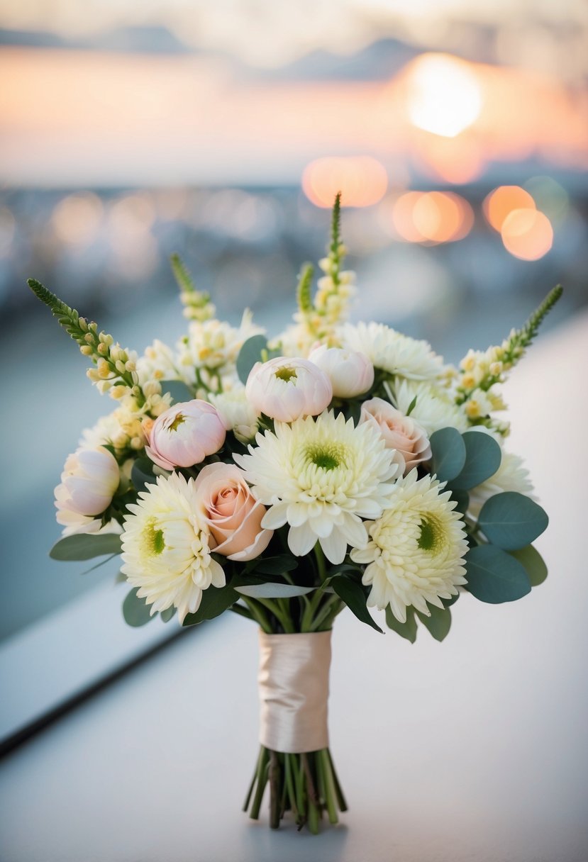 A long wedding bouquet with soft hues and chrysanthemum accents