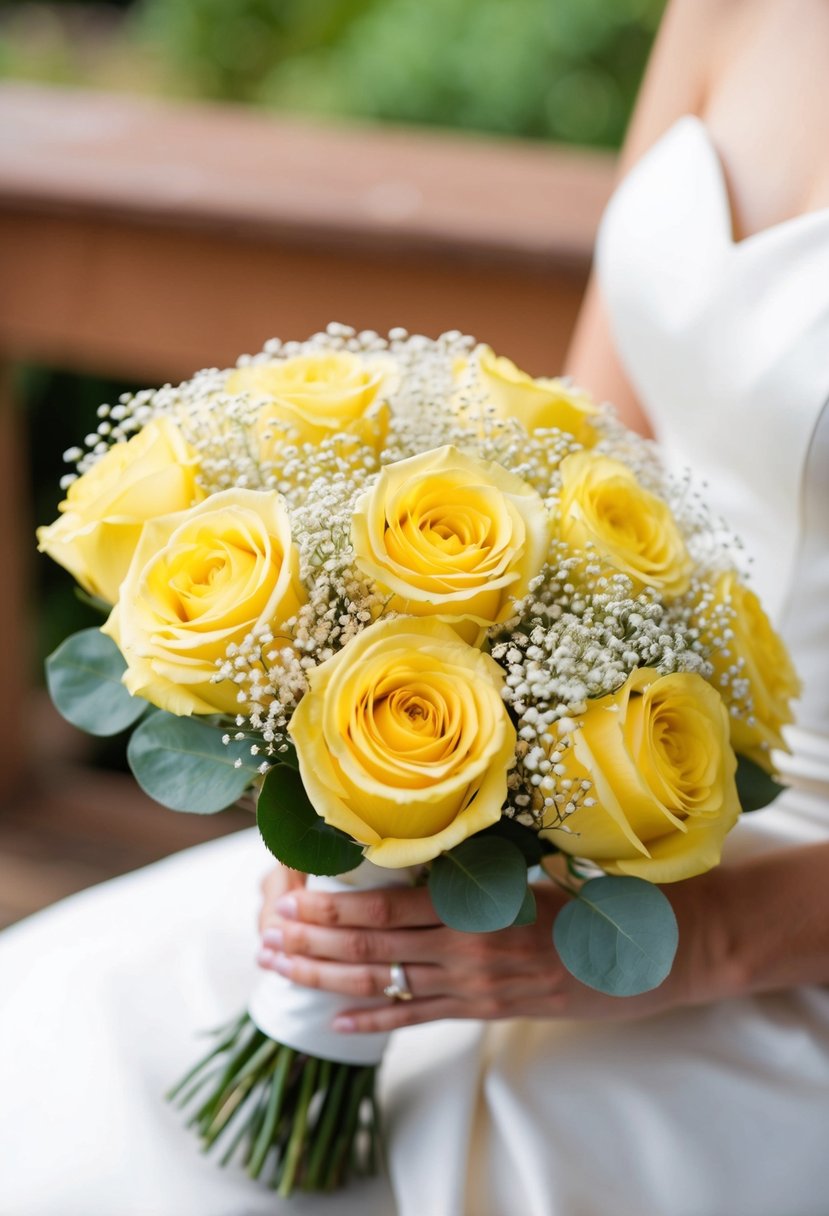 A delicate wedding bouquet of yellow roses and baby's breath, arranged in a light and airy style