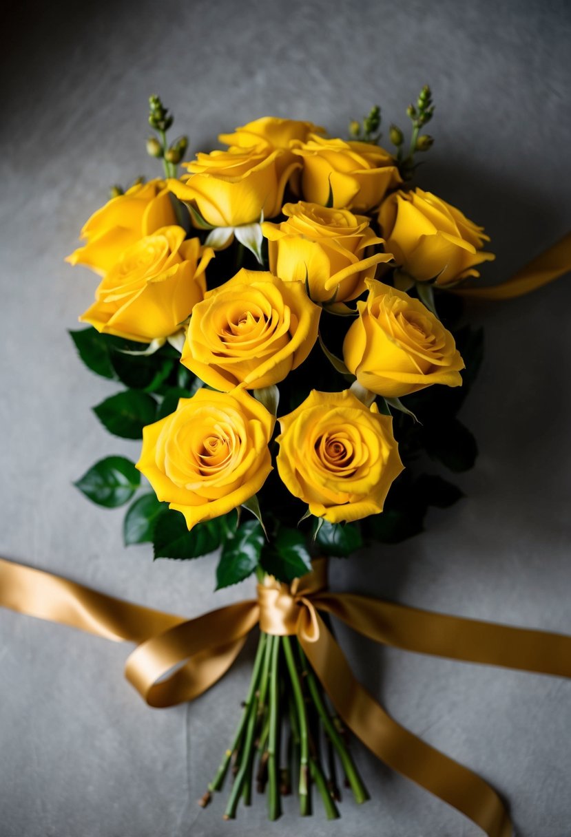 A bouquet of bold yellow roses bound with a vintage golden ribbon