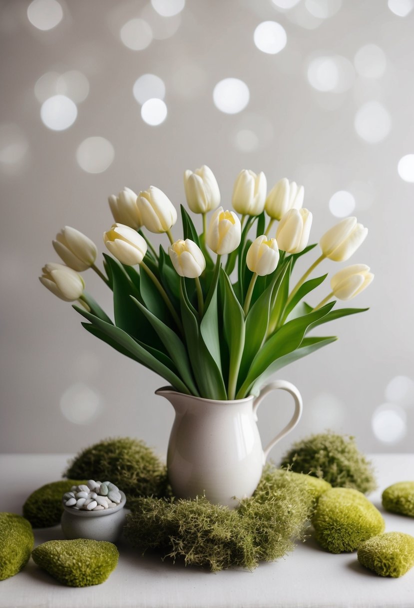 A delicate bouquet of tulips and soft moss arranged in a neutral color palette