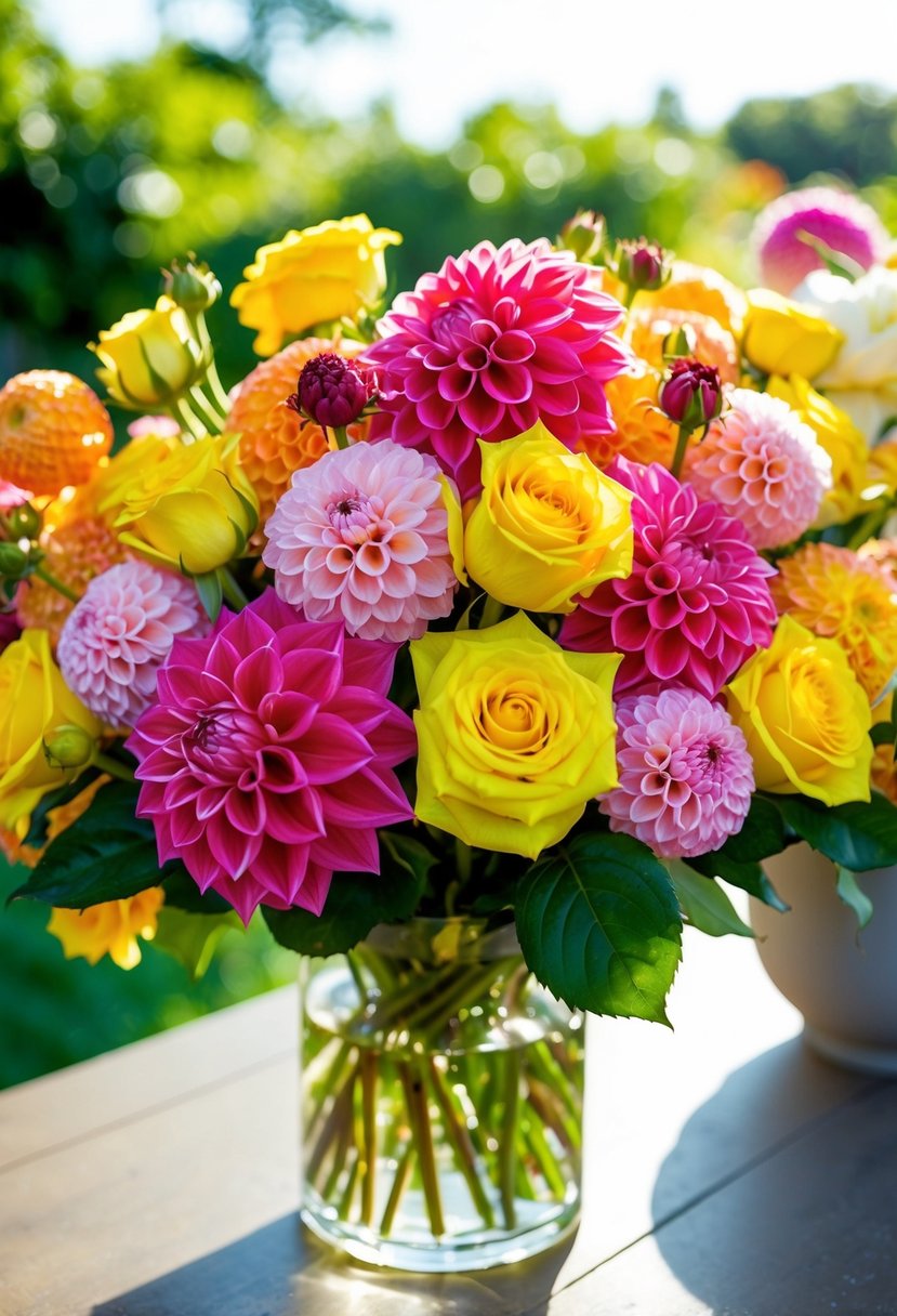 A vibrant bouquet of dahlias, billy balls, and yellow roses, bathed in sunlight