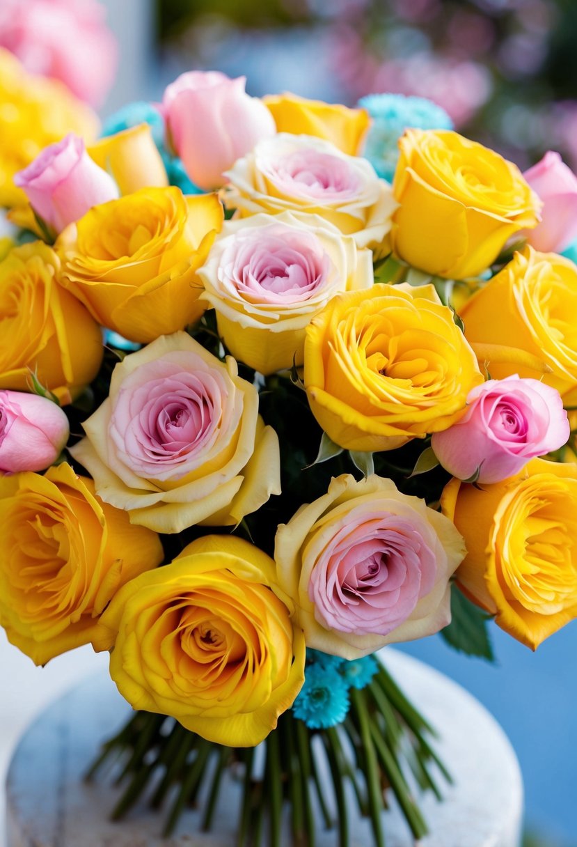 A vibrant bouquet of yellow roses and pastel accents, radiating joy and warmth