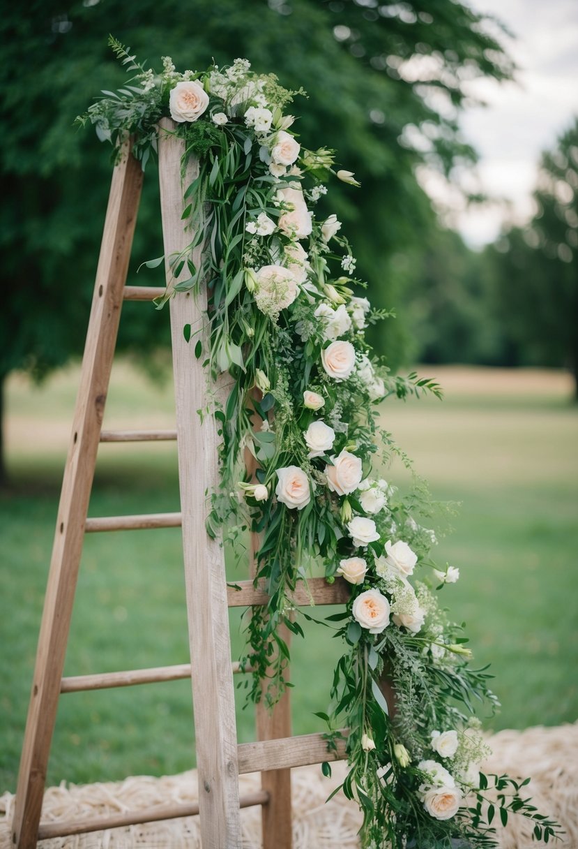 A rustic wooden ladder adorned with cascading greenery and delicate flowers, serving as a unique display for wedding bouquet ideas