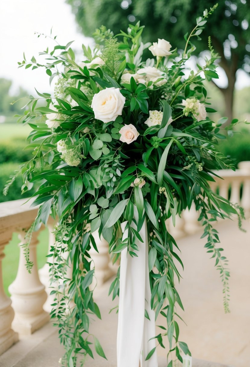 Lush greenery cascades from a delicate wedding bouquet, creating an elegant and romantic display