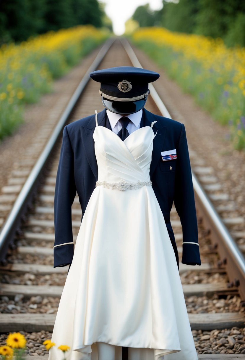 A wedding dress draped over a vintage train conductor's hat, surrounded by train tracks and wildflowers