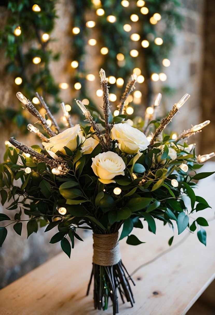 Rustic vines adorned with twinkling lights, creating a romantic ambiance for a wedding bouquet