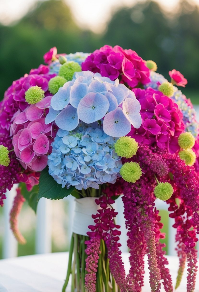 A cascading bouquet of vibrant hydrangea and amaranthus