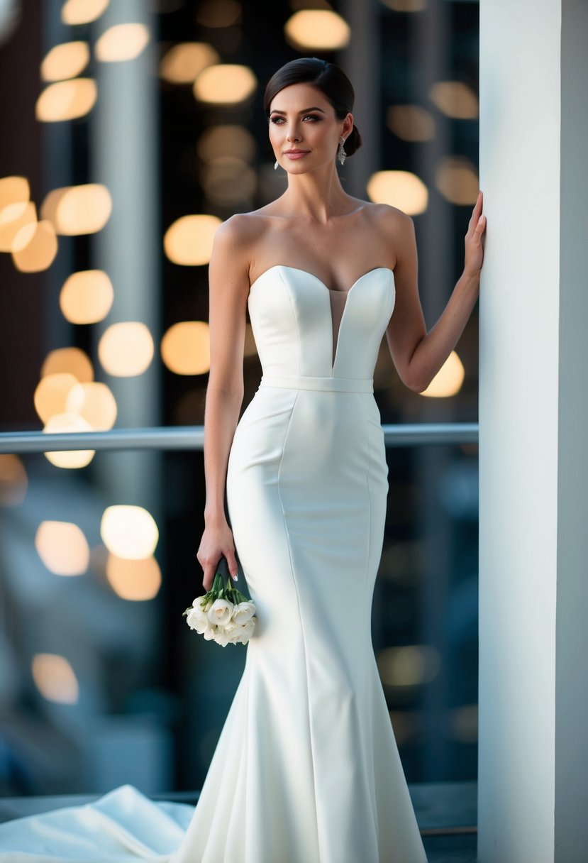 A modern bride stands in a sleek sheath gown, exuding elegance and sophistication