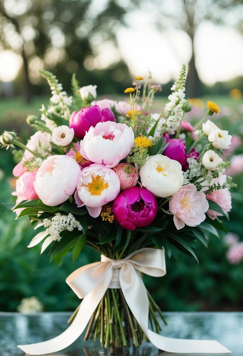 A lush bouquet of peonies, roses, and wildflowers in shades of pink and white, tied with a satin ribbon