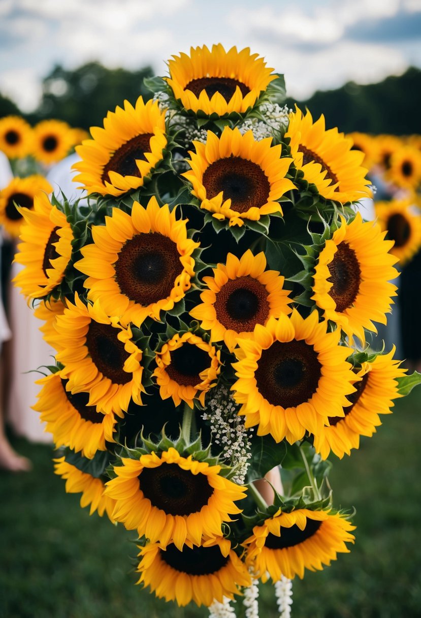 Vibrant sunflowers arranged in cascading wedding bouquet