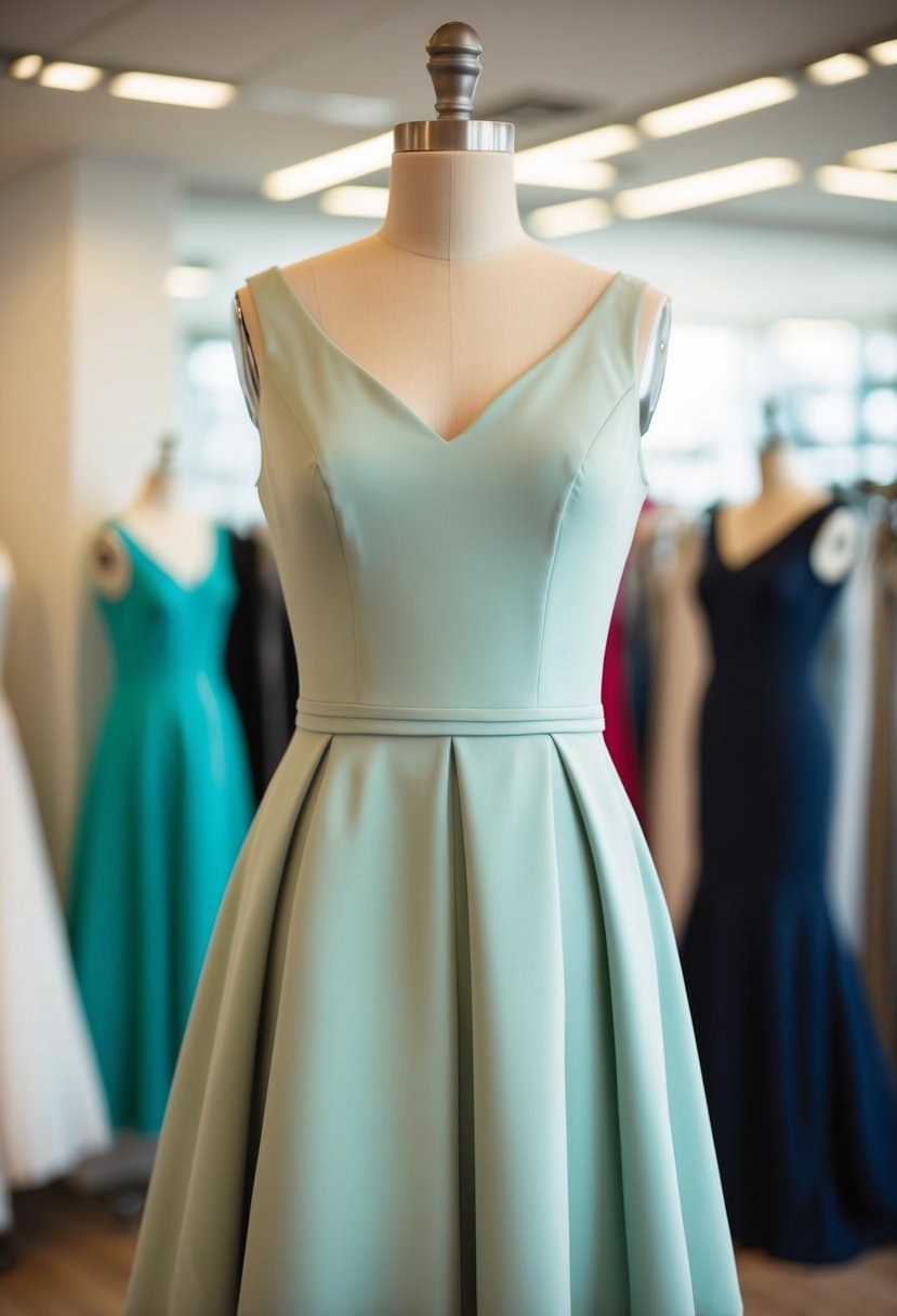 An A-line dress hangs on a mannequin, showcasing its flattering silhouette and simple elegance