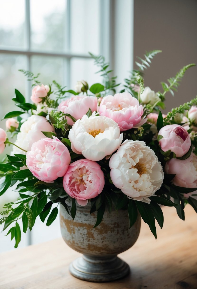 A lush bouquet of peonies and roses in soft pink and white, with greenery accents, arranged in a rustic, vintage-inspired vase