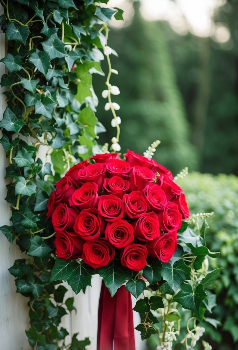 A bouquet of red roses intertwined with draping ivy, creating a romantic and elegant wedding arrangement