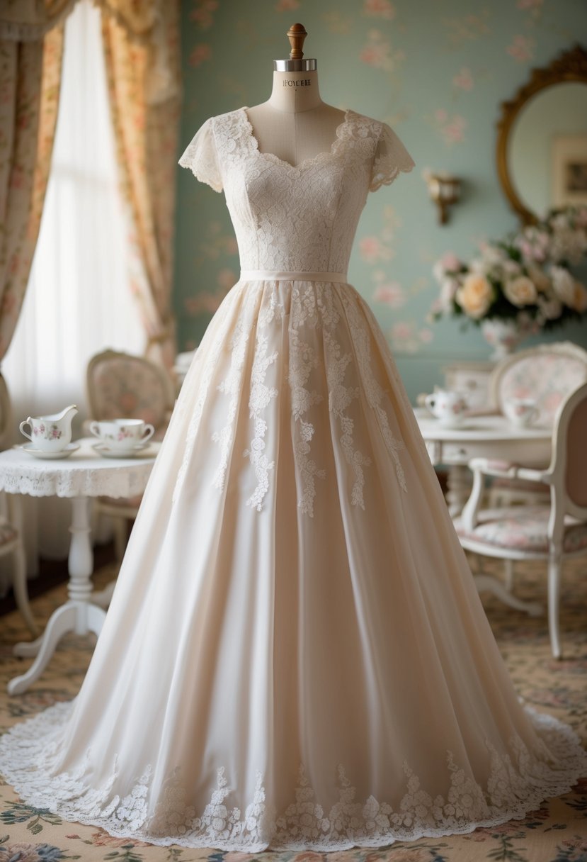 A tea-length dress with lace and floral details, set against a vintage-inspired backdrop of an old-fashioned tea room with delicate teacups and saucers