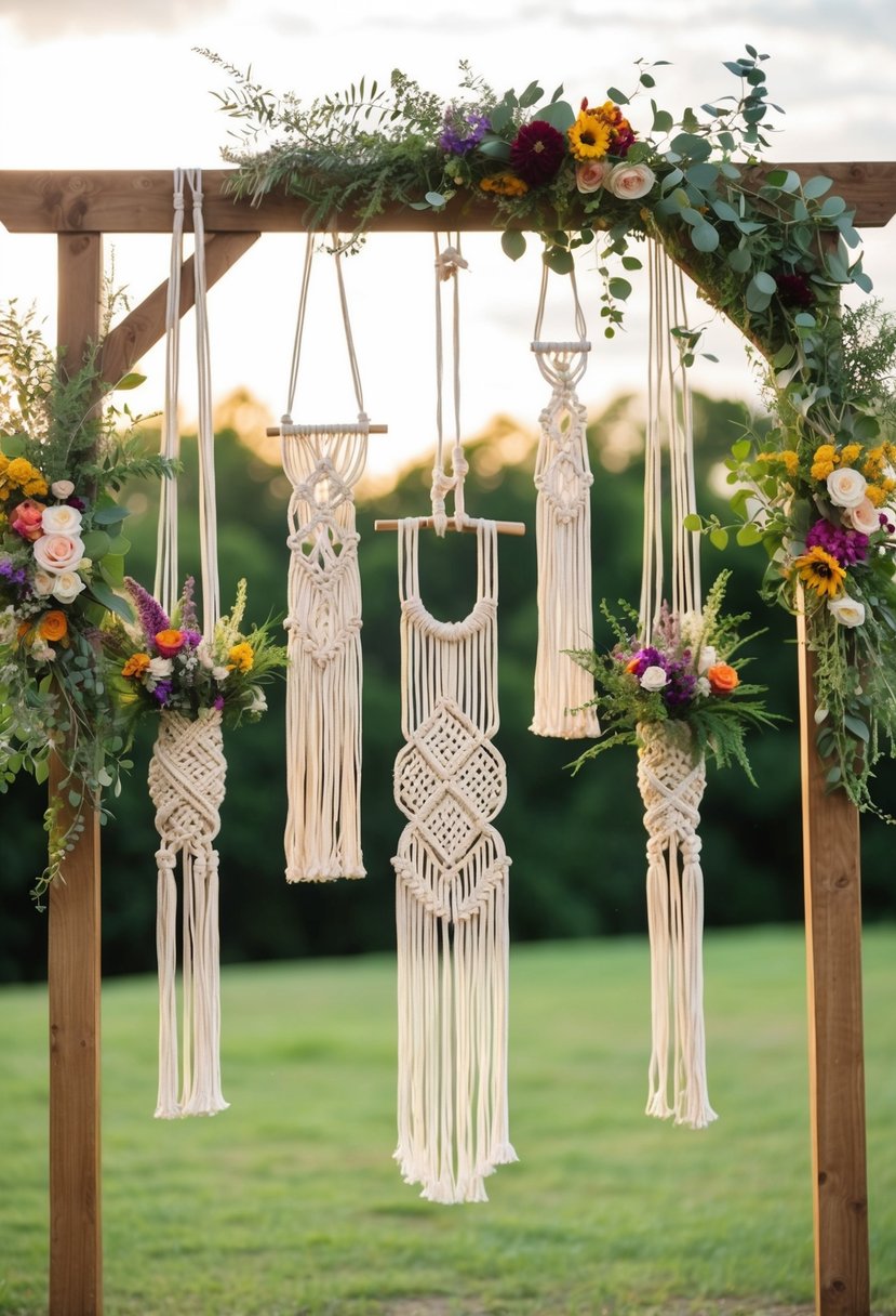 A collection of boho-inspired macramé bouquets hanging from a wooden arch, adorned with lush greenery and colorful flowers, creating a whimsical and romantic wedding atmosphere