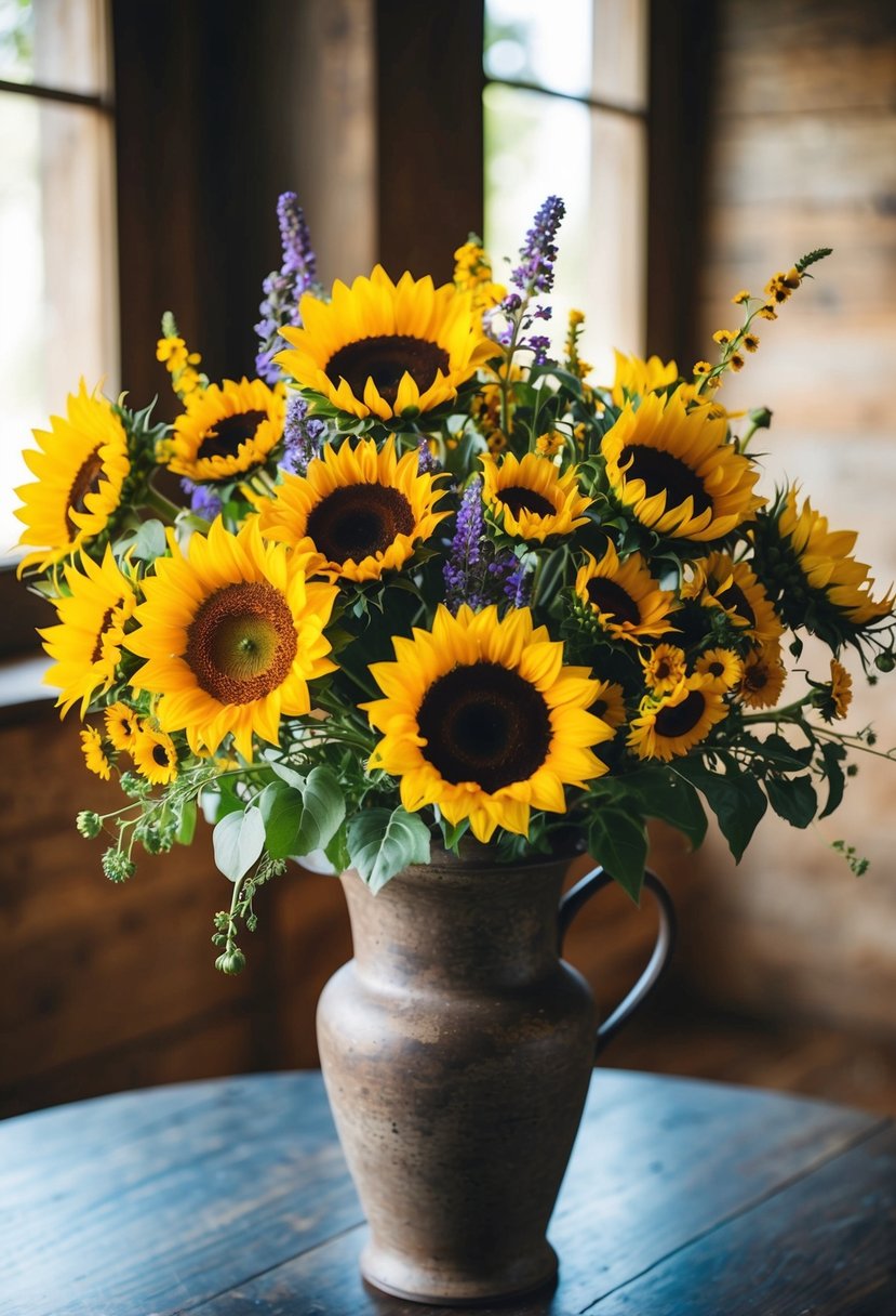 A vibrant bouquet of sunflowers and wildflowers arranged in a rustic vase