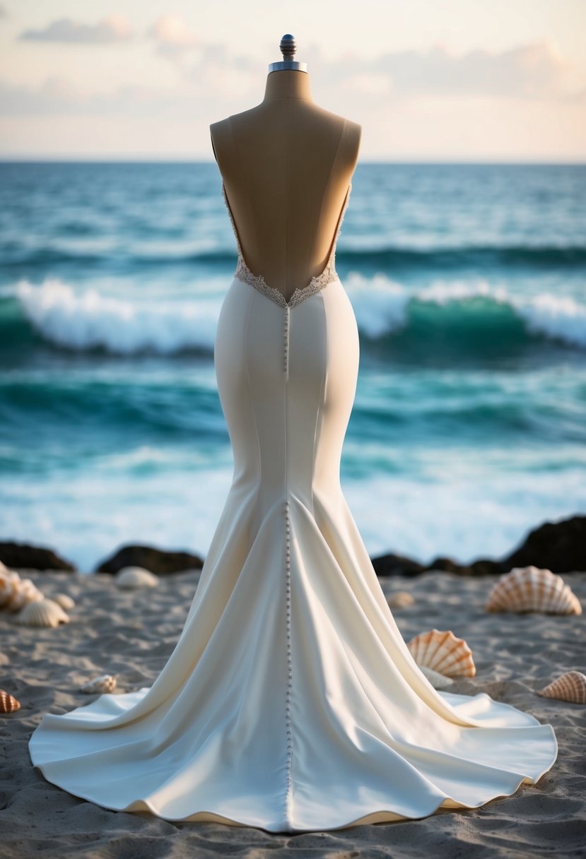 A mermaid silhouette wedding dress with flowing curves and no train, set against a backdrop of ocean waves and seashells