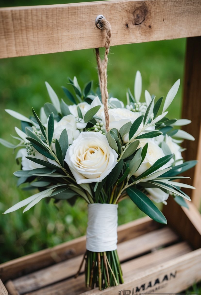 A rustic wedding bouquet with Tuscan olive branch designs hanging from a wooden crate