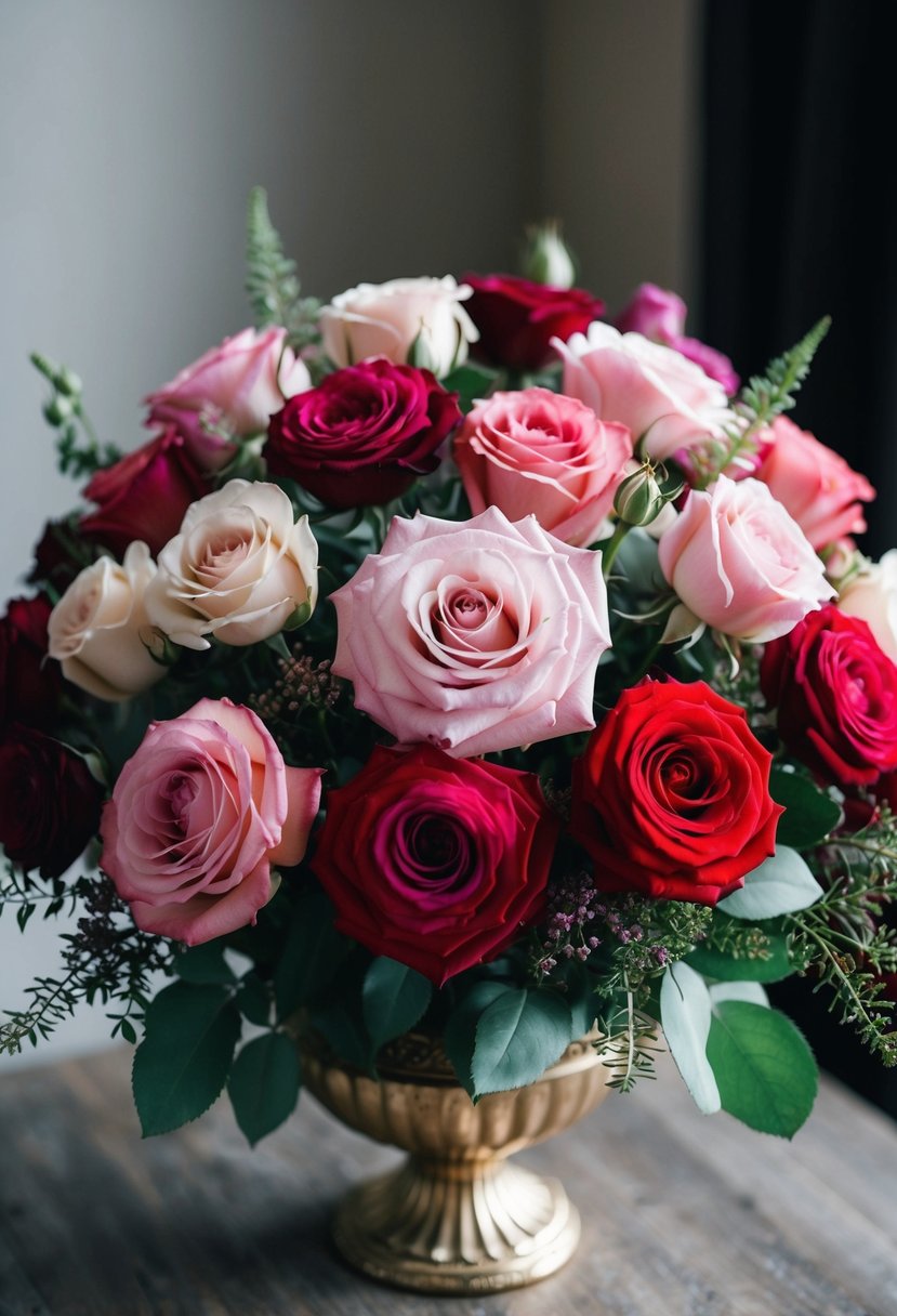 A lush bouquet of classic roses in various shades of pink and red, accented with delicate greenery, arranged in a vintage-inspired vase