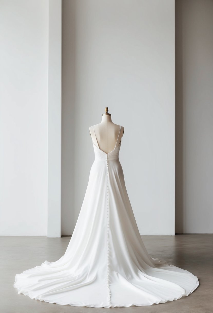 A simple, flowing wedding gown with no train, set against a clean, minimalist backdrop