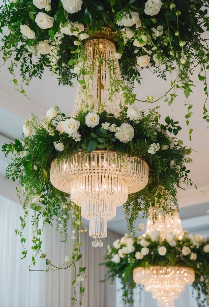 Lush greenery chandeliers adorned with delicate white blooms and trailing vines, creating a romantic wedding bouquet idea