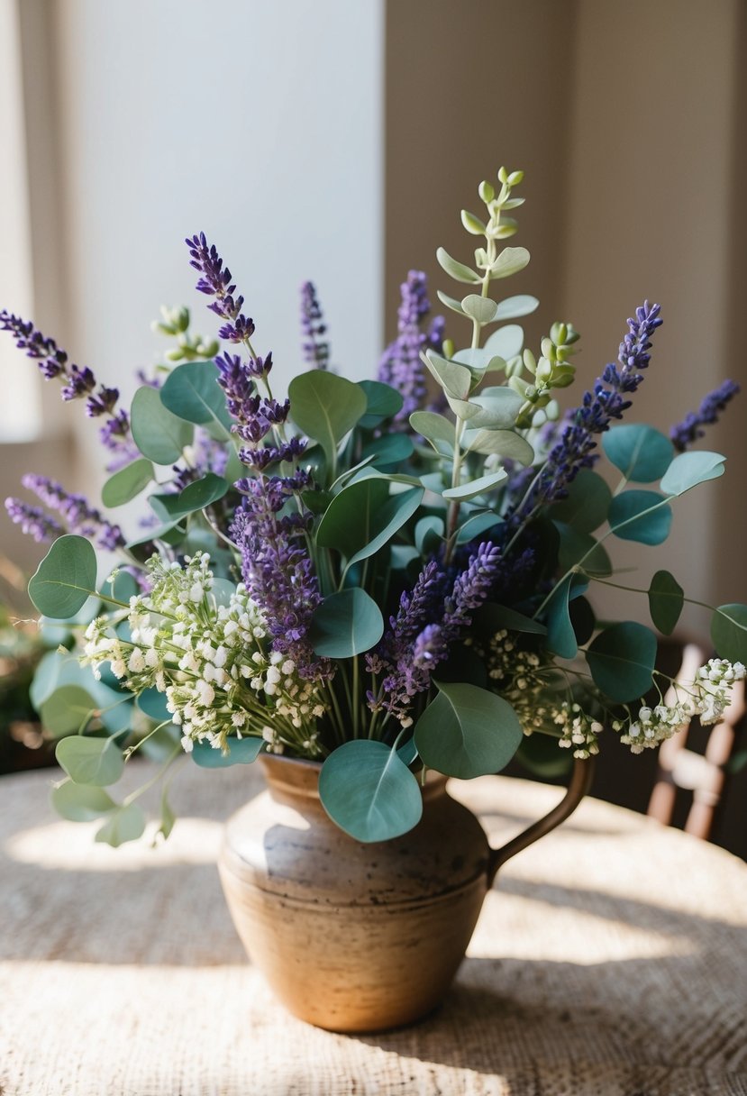 A vibrant bouquet of lavender and eucalyptus, accented with delicate June flowers, sits in a rustic vase on a sunlit table