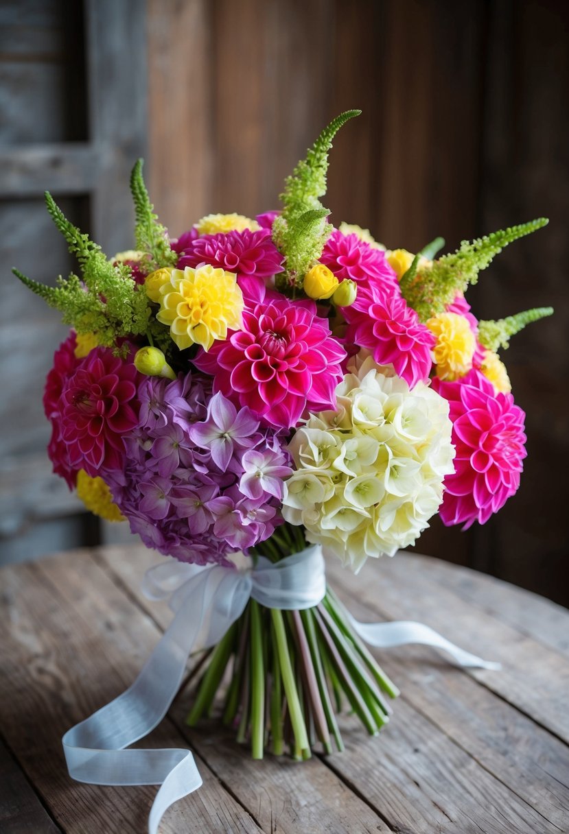 A lush bouquet of vibrant dahlia and hydrangea blooms, tied with a delicate ribbon, sits on a rustic wooden table