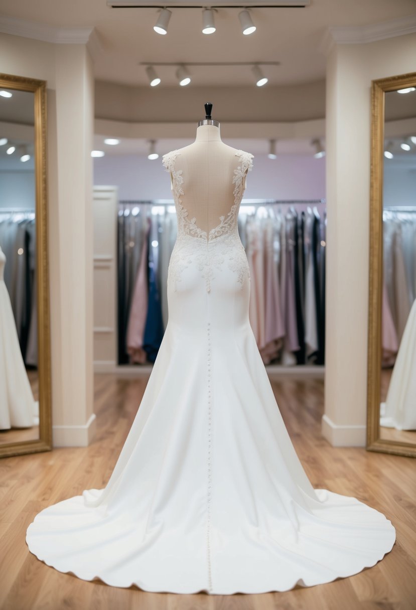 An elegant floor-length wedding dress with no train, displayed on a mannequin in a softly lit boutique