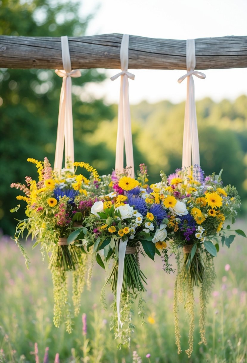 Colorful wildflower meadow bouquets hanging from rustic wooden beams, creating whimsical wedding bouquet ideas