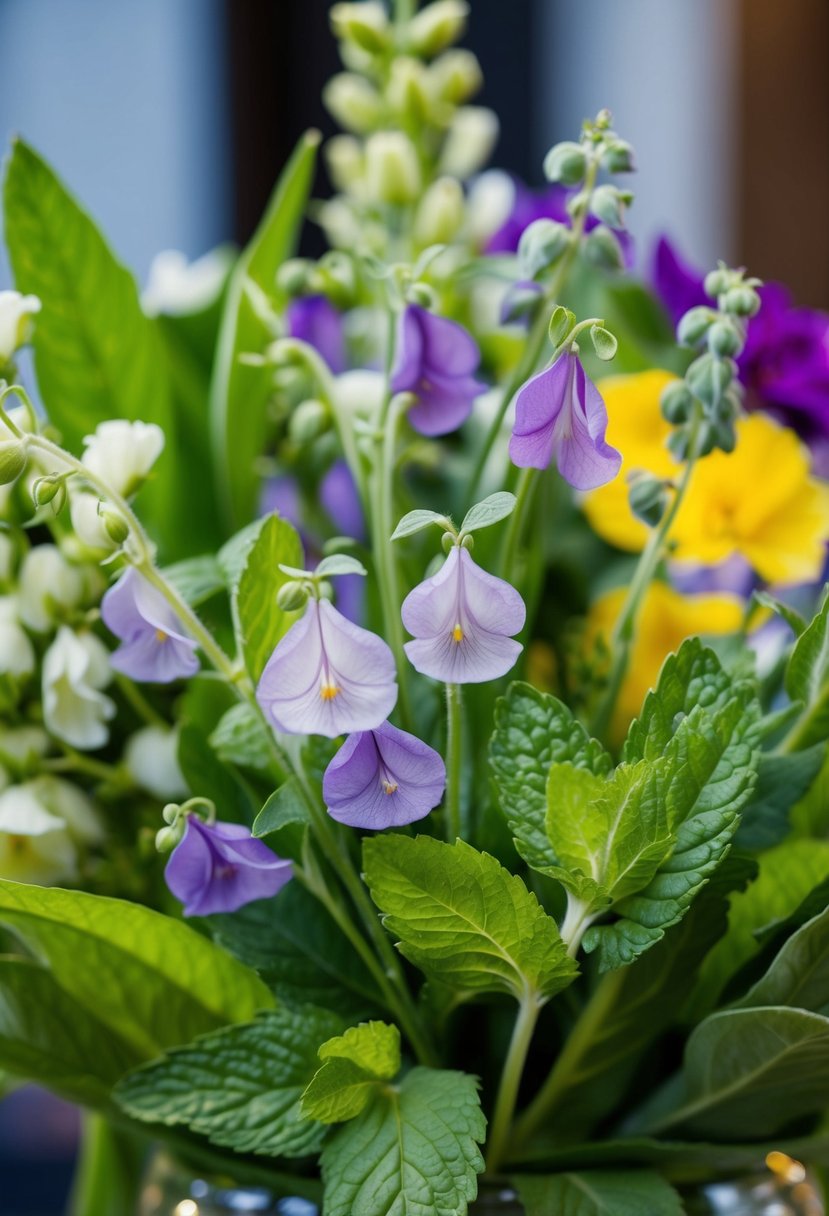 A delicate bouquet of sweet peas and mint leaves, with vibrant June flowers, arranged in a beautiful display