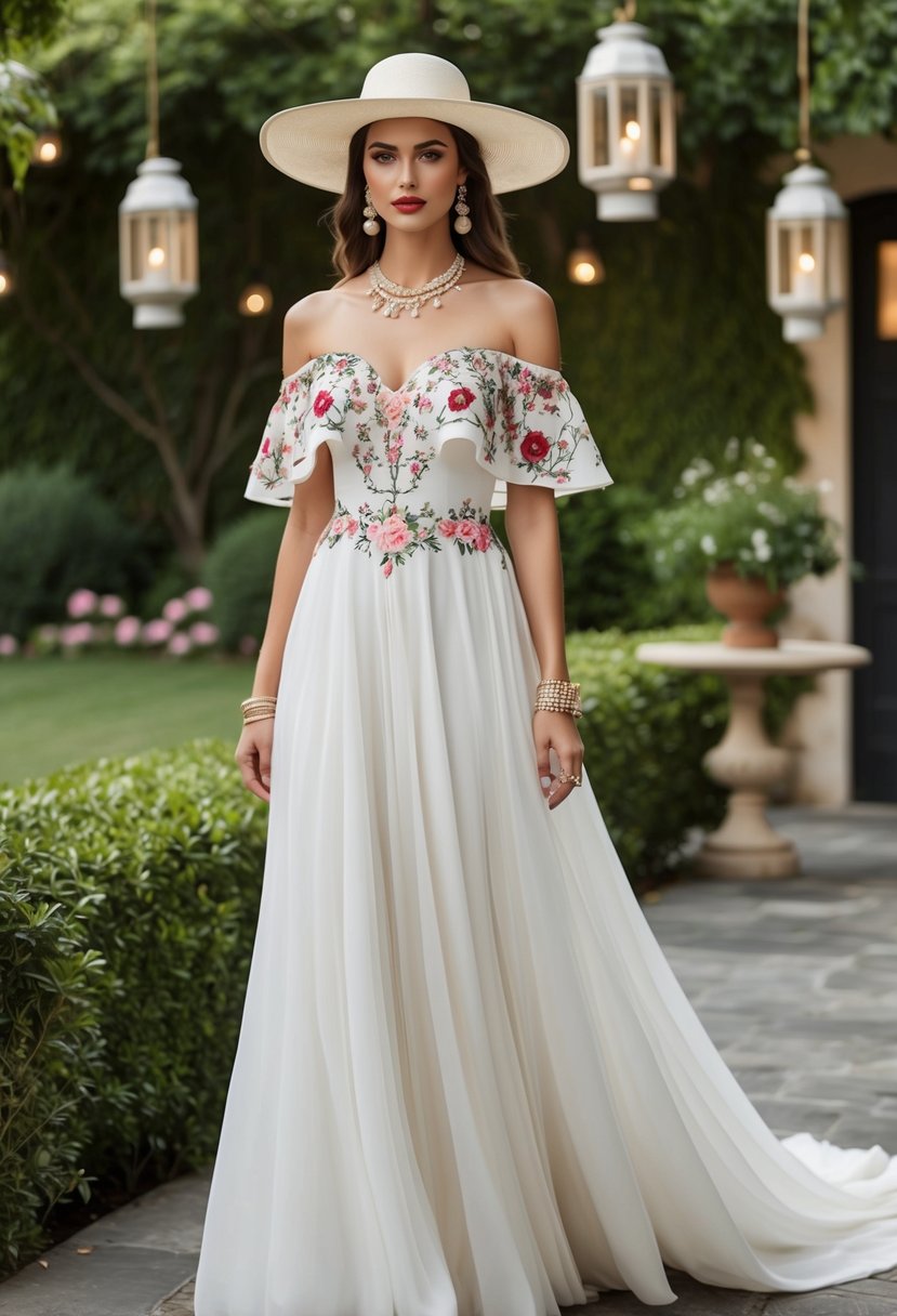 A flowing, off-the-shoulder wedding dress with floral embroidery, paired with a wide-brimmed hat and layered jewelry, set against a backdrop of a lush garden and hanging lanterns