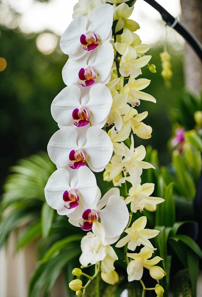 Lush orchids and delicate jasmine cascading from a wedding bouquet