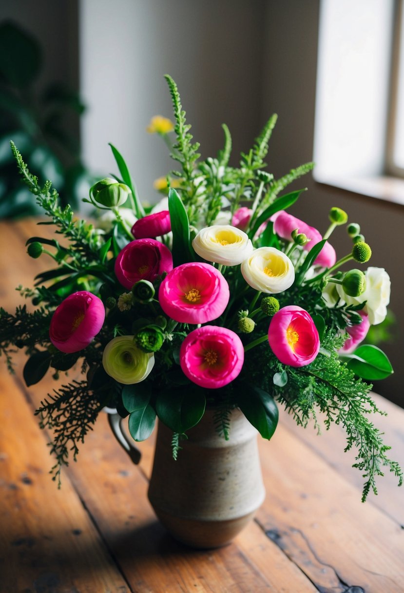 A vibrant bouquet of ranunculus and greenery, arranged in a rustic vase on a wooden table