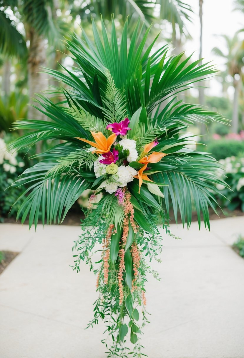 Lush palm fronds woven into a cascading wedding bouquet, adorned with vibrant tropical flowers and delicate greenery