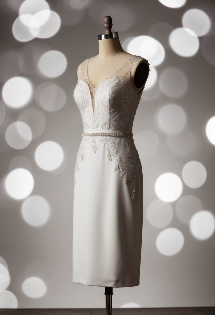 A sleek, knee-length cocktail dress with a modern silhouette, adorned with delicate lace and subtle beading, perfect for a no-train wedding