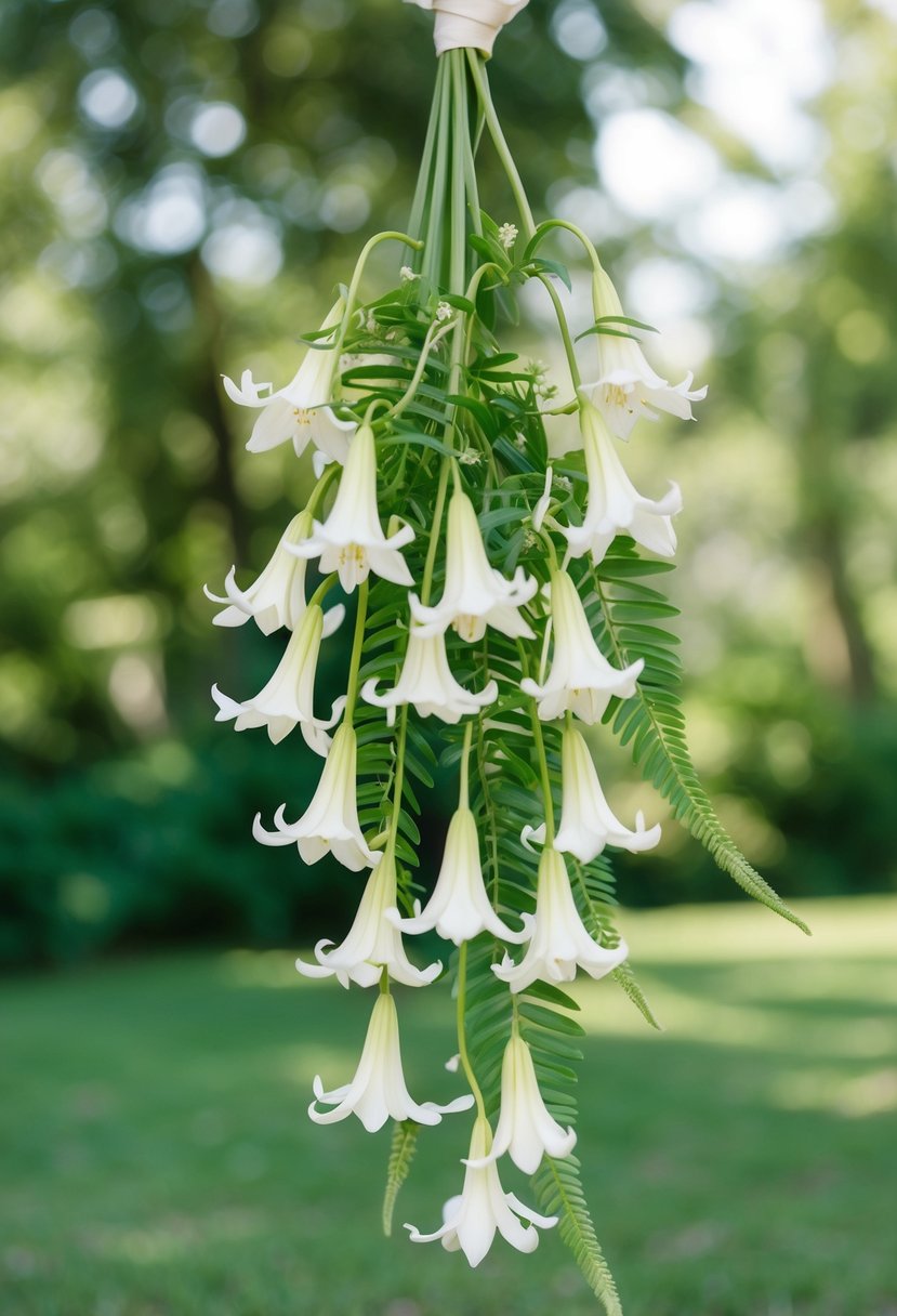 Lily and fern clusters dangle from a wedding bouquet, creating a delicate and elegant display