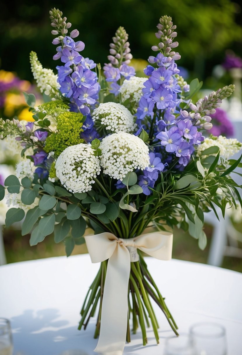 A lush bouquet of Delphinium and Queen Anne's Lace, accented with greenery and tied with a satin ribbon