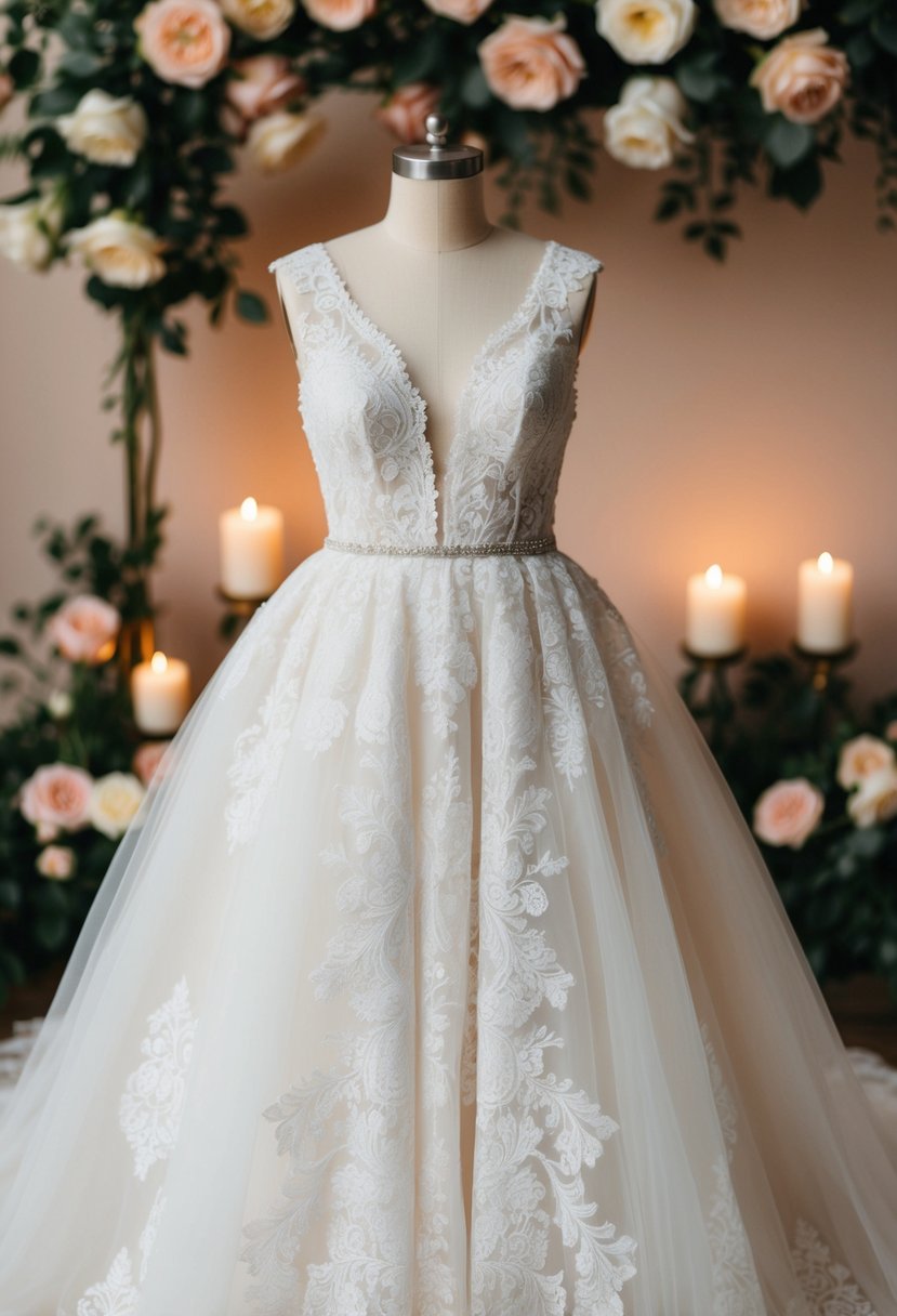 A delicate lace wedding dress with intricate details and no train, set against a backdrop of blooming roses and soft candlelight