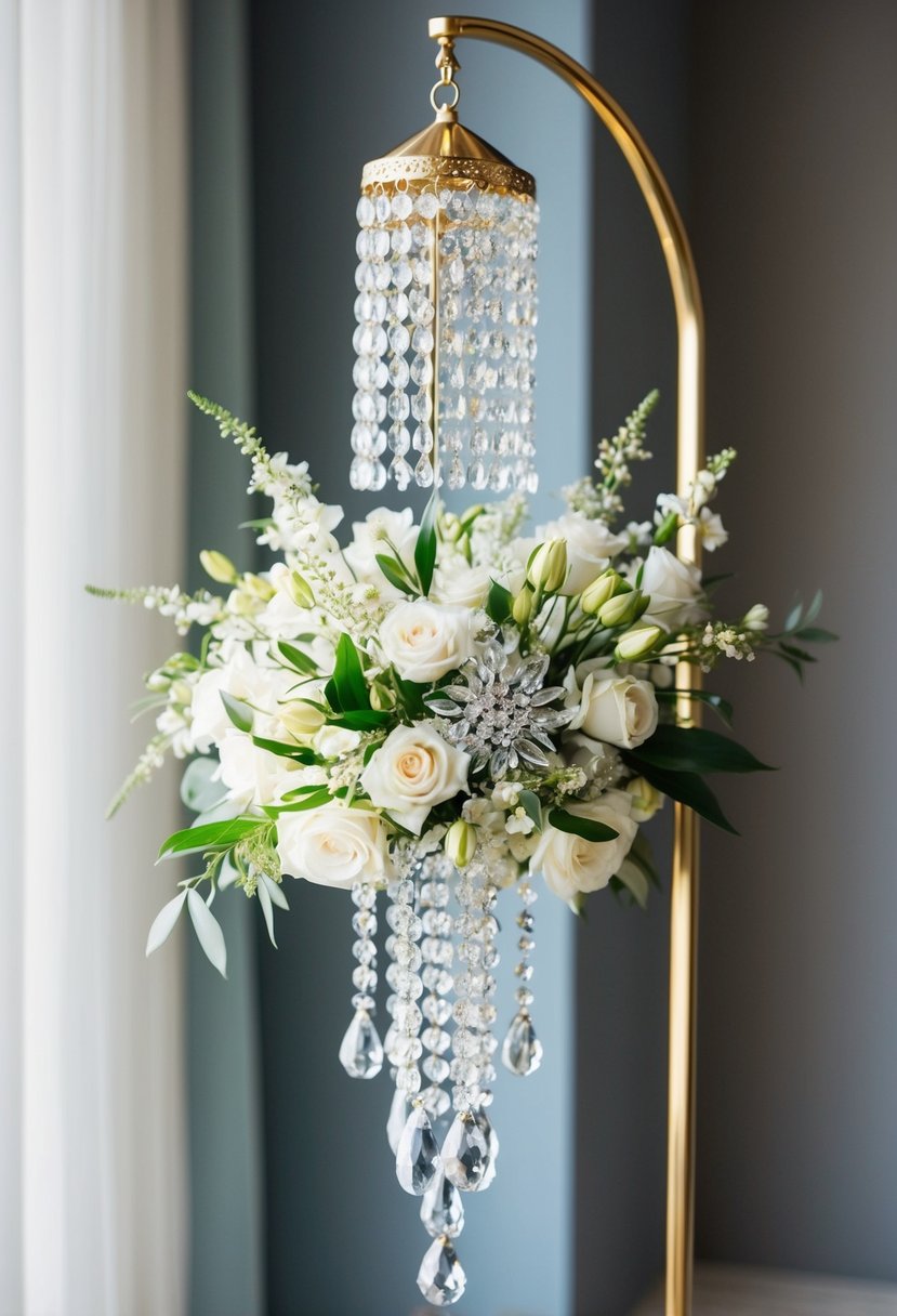 A sparkling crystal and floral wedding bouquet dangles elegantly from a golden stand, catching the light and casting delicate shadows