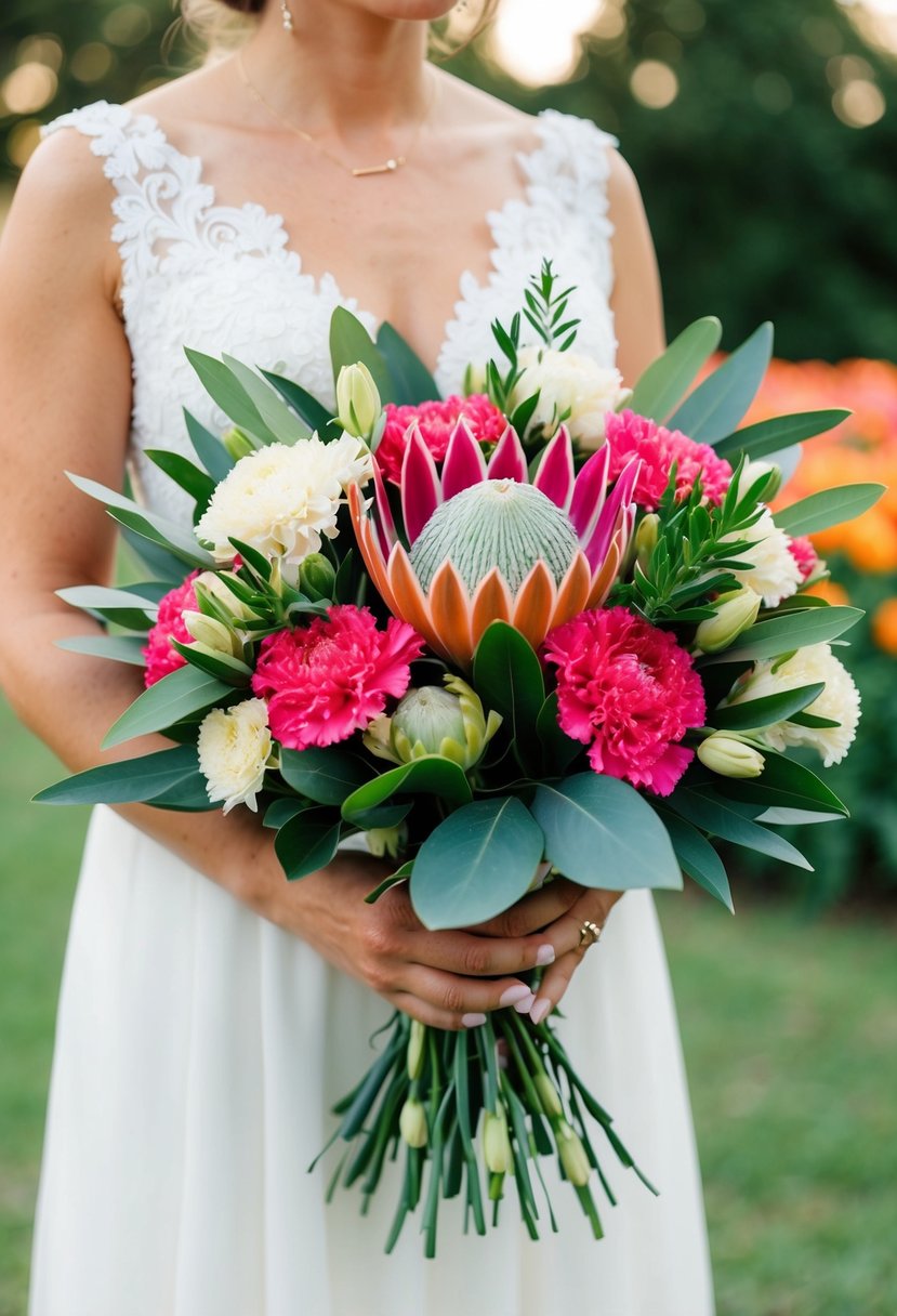 A vibrant mix of carnations and protea arranged in a wedding bouquet