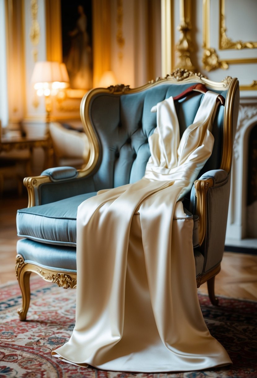 A satin dress draped over a plush armchair in a grand, ornate room with soft, golden lighting and opulent decor