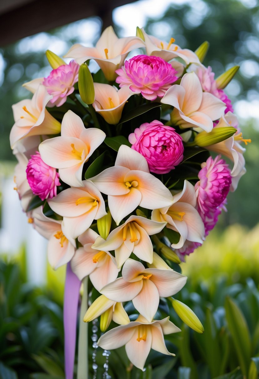 A vibrant bouquet of gardenias and lilies arranged in a delicate, cascading design, perfect for a June wedding