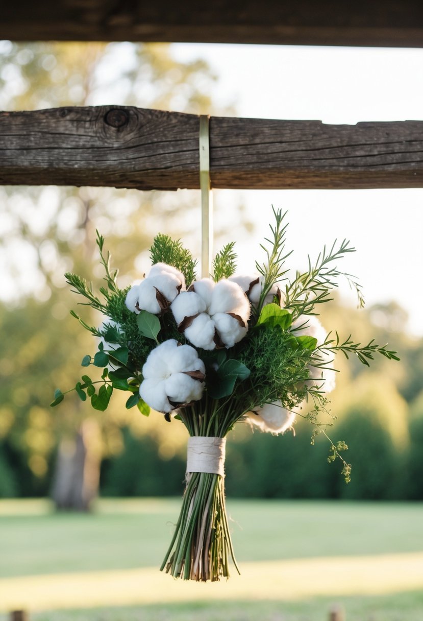 A simple cotton and herb bouquet suspended from a rustic wooden beam