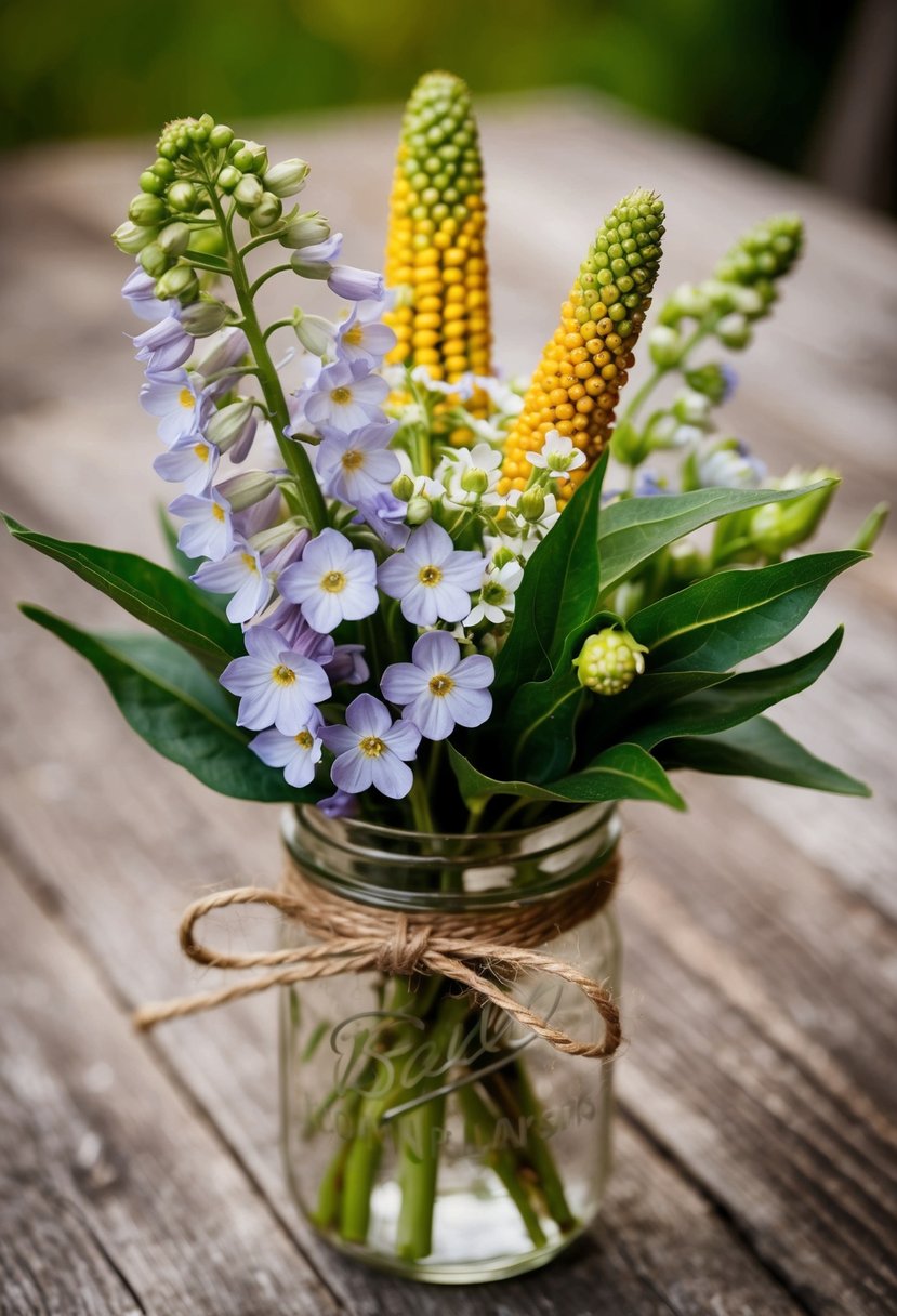 A rustic wedding bouquet with larkspur and cornflower, tied with twine and nestled in a vintage mason jar